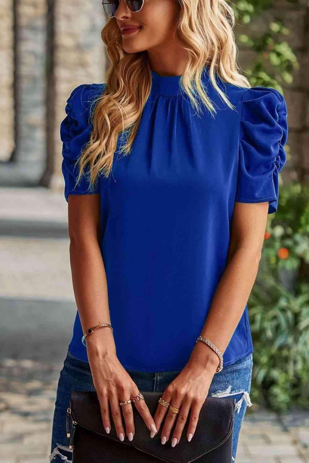 Tie Back Gathered Detail Puff Sleeve Top Blue Blouses - Tophatter Daily Deals