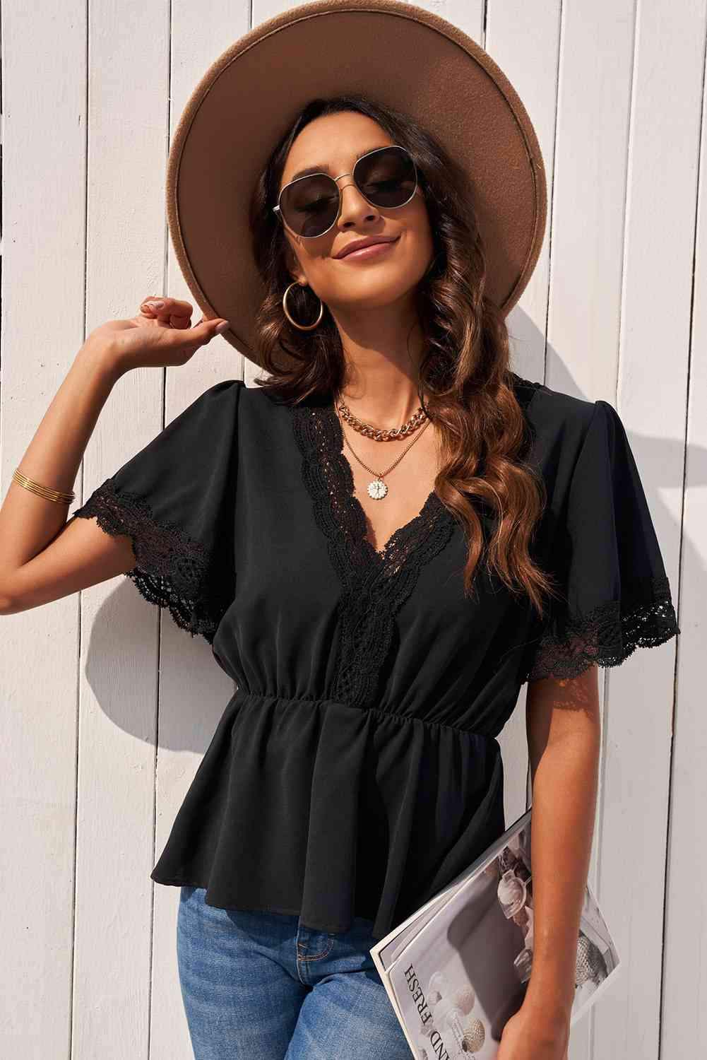 Lace Trim V-Neck Tied Peplum Blouse Black Blouses - Tophatter Daily Deals