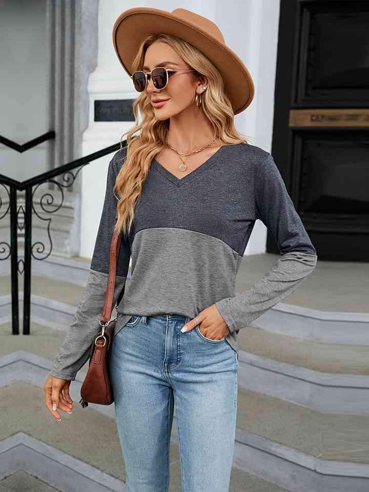 V-Neck Long Sleeve Two-Tone T-Shirt Heather Gray Women's T-Shirts - Tophatter Daily Deals