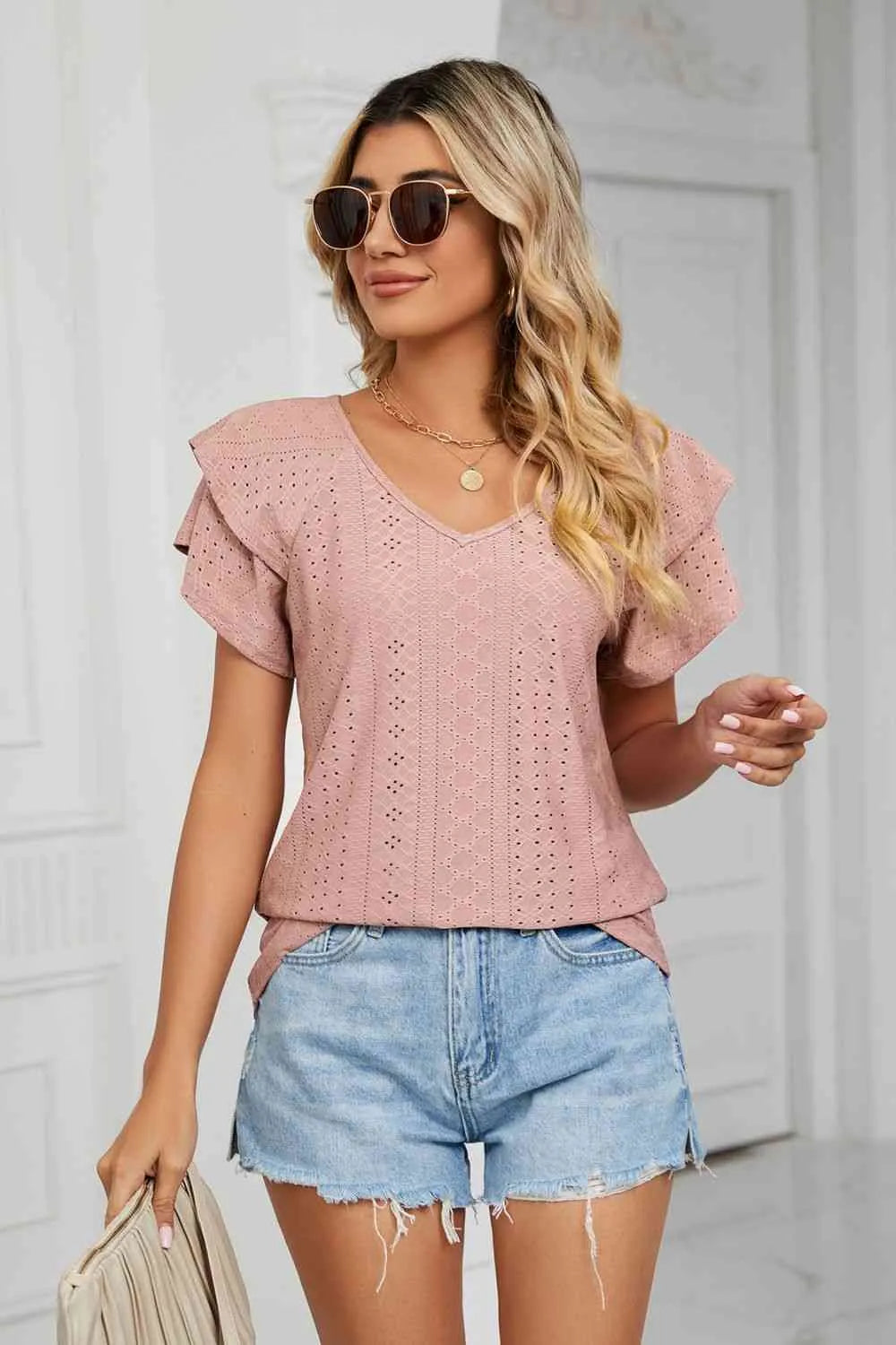 Eyelet Layered Flutter Sleeve V-Neck Knit Top Dusty Pink Blouses - Tophatter Daily Deals