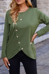 Decorative Button Round Neck Long Sleeve T-Shirt Matcha Green Women's T-Shirts - Tophatter Daily Deals