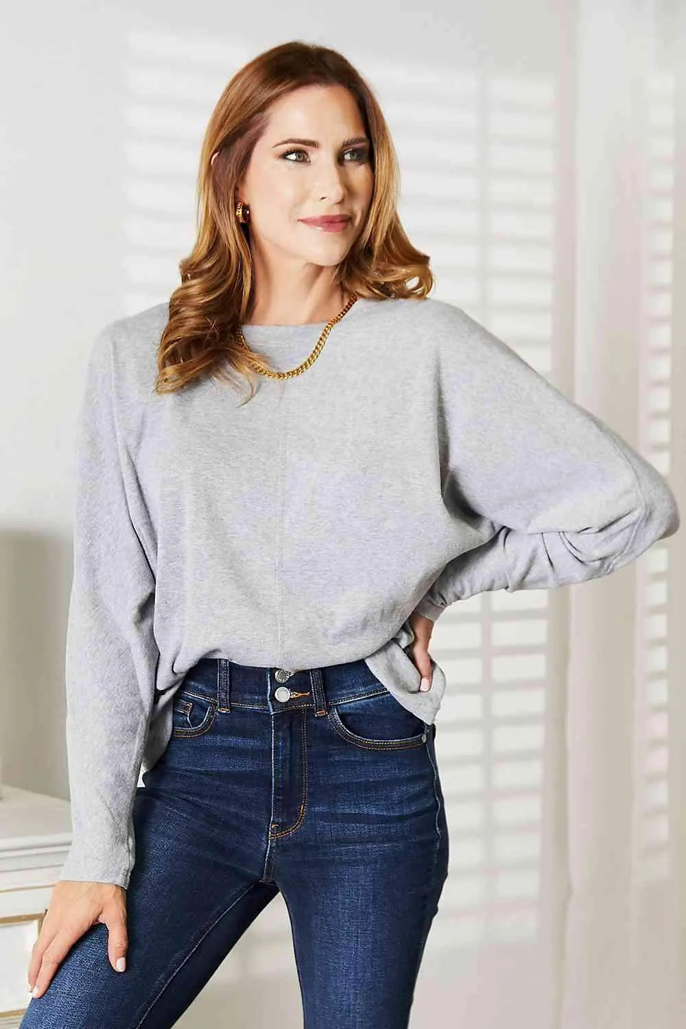 Double Take Seam Detail Round Neck Long Sleeve Top Women's T-Shirts - Tophatter Daily Deals