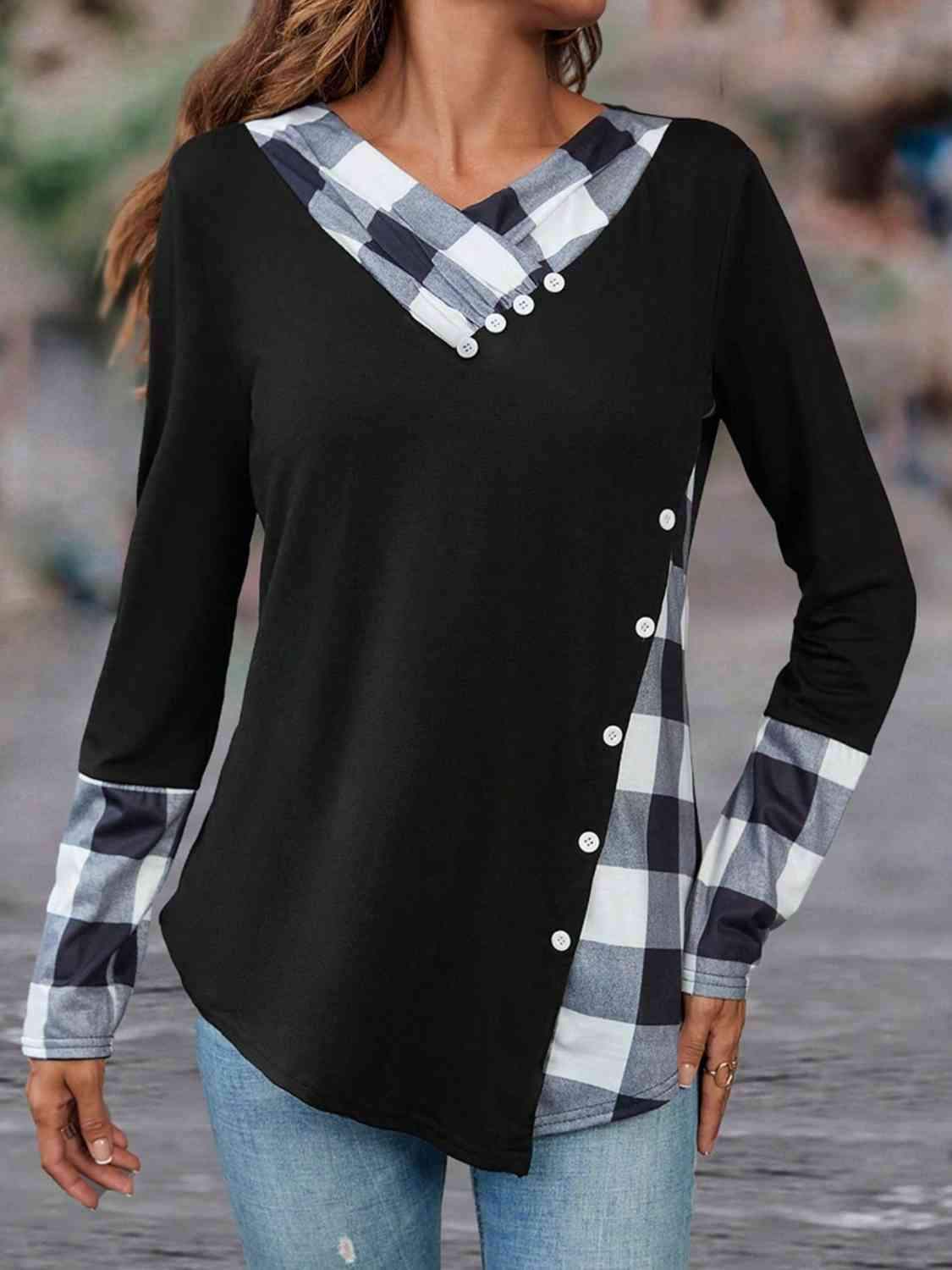 Plaid V-Neck Decorative Button Top Blouses - Tophatter Daily Deals