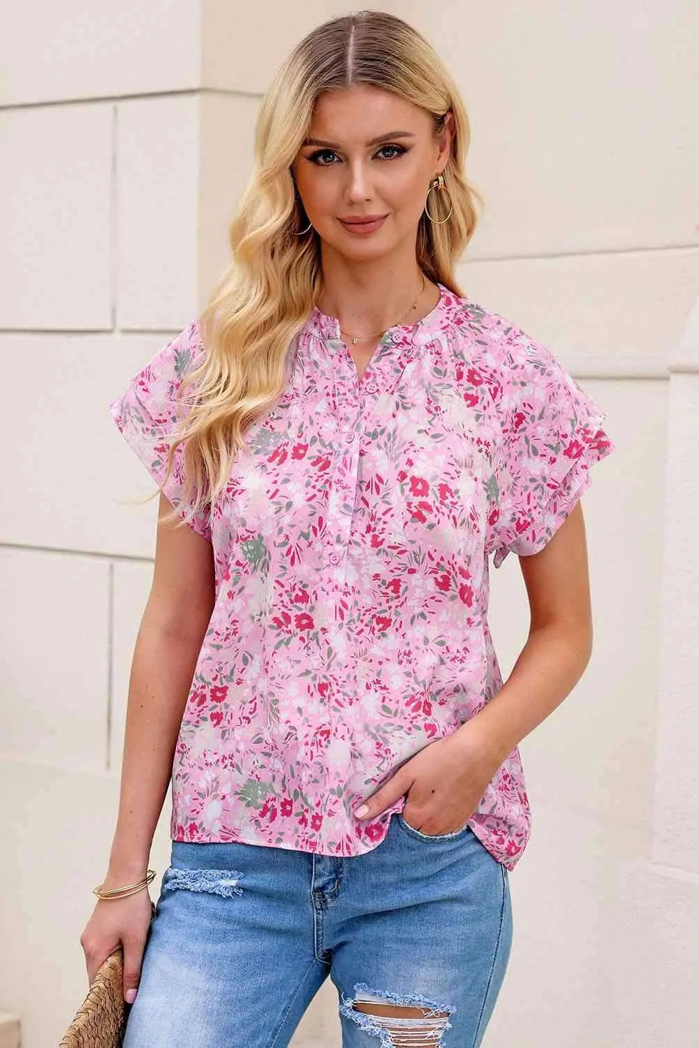 Floral Half-Button Flutter Sleeve Blouse Blouses - Tophatter Daily Deals