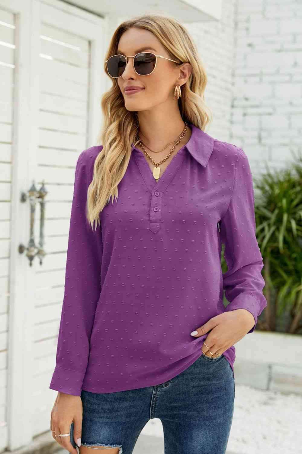 Swiss Dot Johnny Collar Blouse Purple Blouses - Tophatter Daily Deals