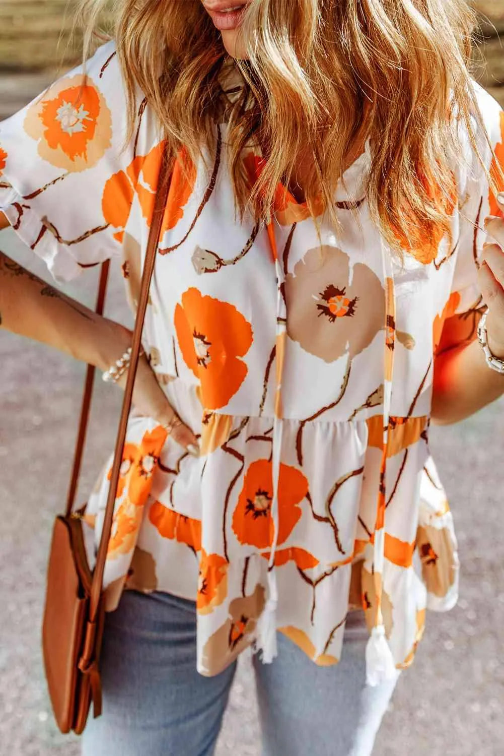 Printed Flounce Sleeve Tie-Neck Peplum Blouse Blouses - Tophatter Daily Deals