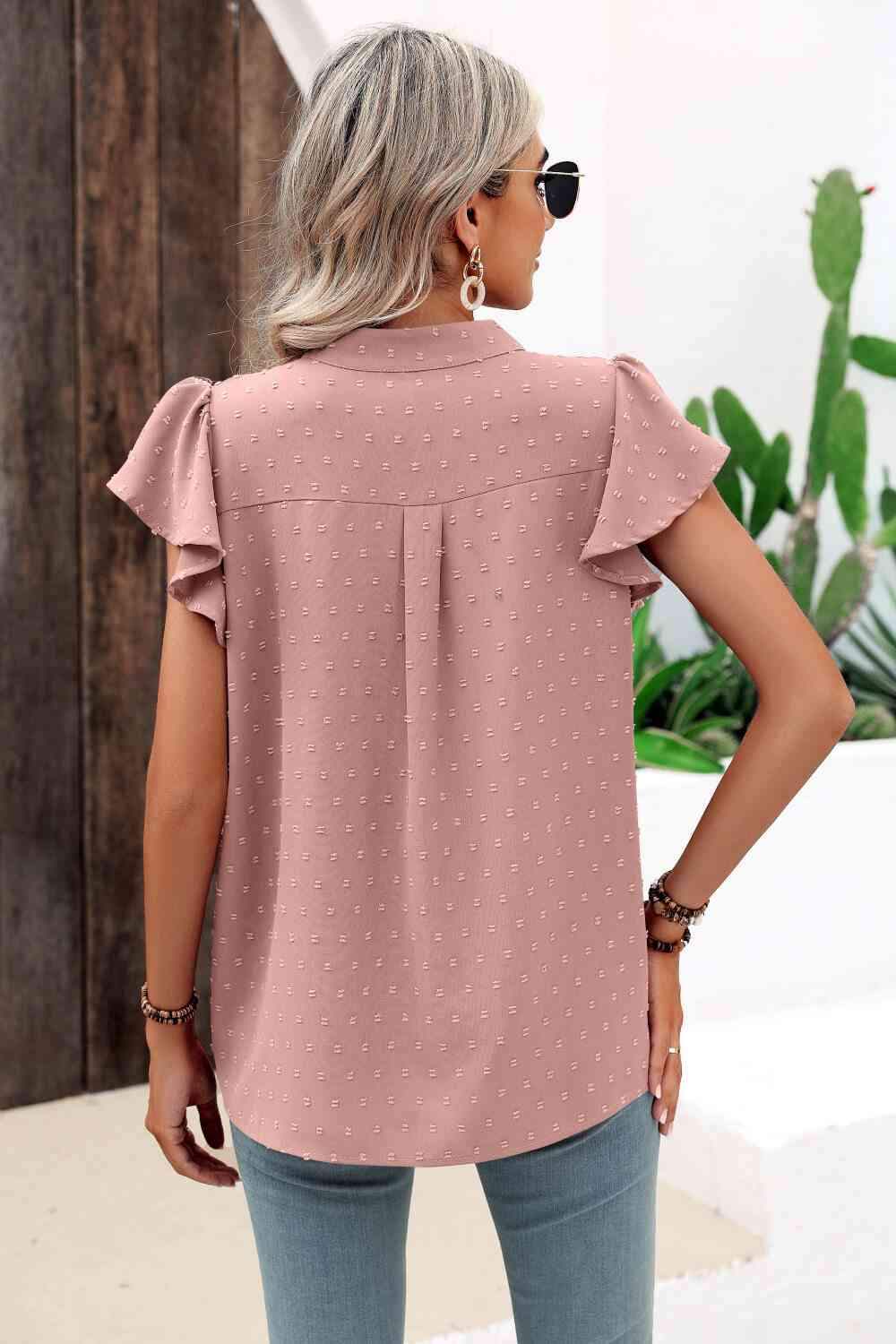 Swiss Dot Flutter Sleeve Notched Neck Blouse Blouses - Tophatter Daily Deals