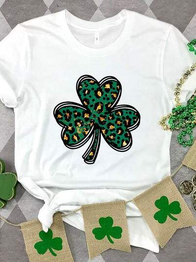 Lucky Clover Round Neck Short Sleeve T-Shirt White Women's T-Shirts - Tophatter Daily Deals