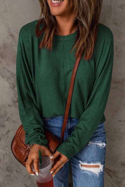 Seam Detail Round Neck Long Sleeve Top Black Forest Women's T-Shirts - Tophatter Daily Deals