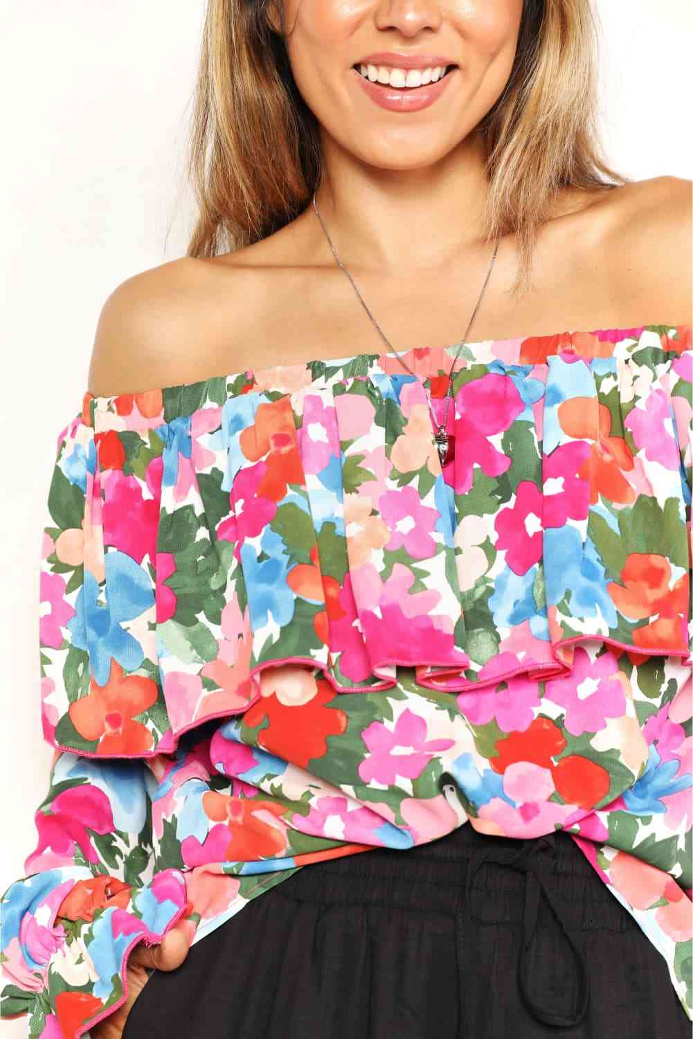 Double Take Floral Off-Shoulder Flounce Sleeve Layered Blouse - Tophatter Deals