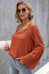 V-Neck Spliced Lace Flare Sleeve Top Blouses - Tophatter Daily Deals