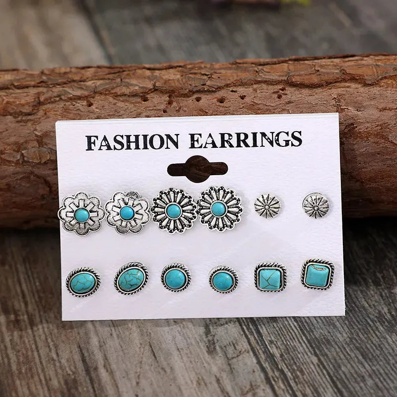 6 PCS/Set Artificial Turquoise Alloy Stud Earrings Earrings - Tophatter Daily Deals
