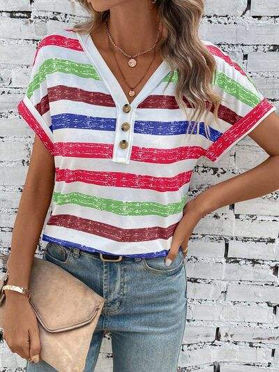 Striped V-Neck Short Sleeve T-Shirt Women's T-Shirts - Tophatter Daily Deals