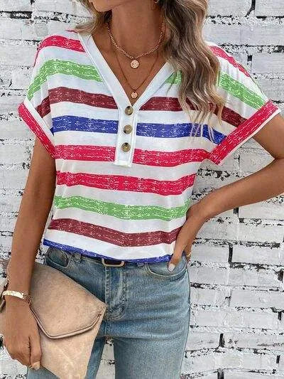 Striped V-Neck Short Sleeve T-Shirt Women's T-Shirts - Tophatter Daily Deals