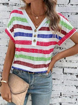 Striped V-Neck Short Sleeve T-Shirt Women's T-Shirts - Tophatter Daily Deals