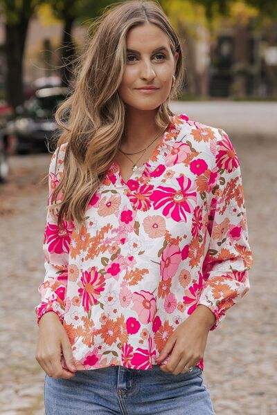 Floral V-Neck Frill Long Sleeve Blouse Blouses - Tophatter Daily Deals