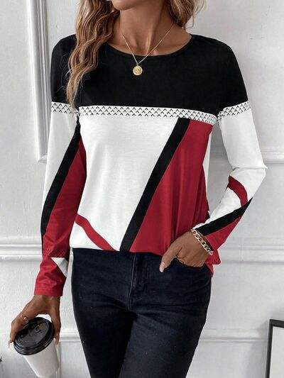 Contrast Round Neck Long Sleeve T-Shirt Women's T-Shirts - Tophatter Daily Deals