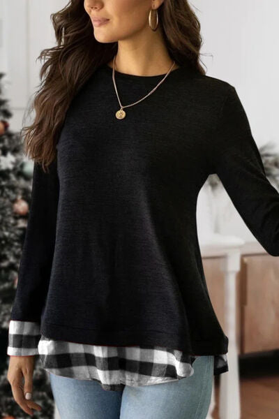 Plaid Round Neck Long Sleeve T-Shirt Women's T-Shirts - Tophatter Daily Deals