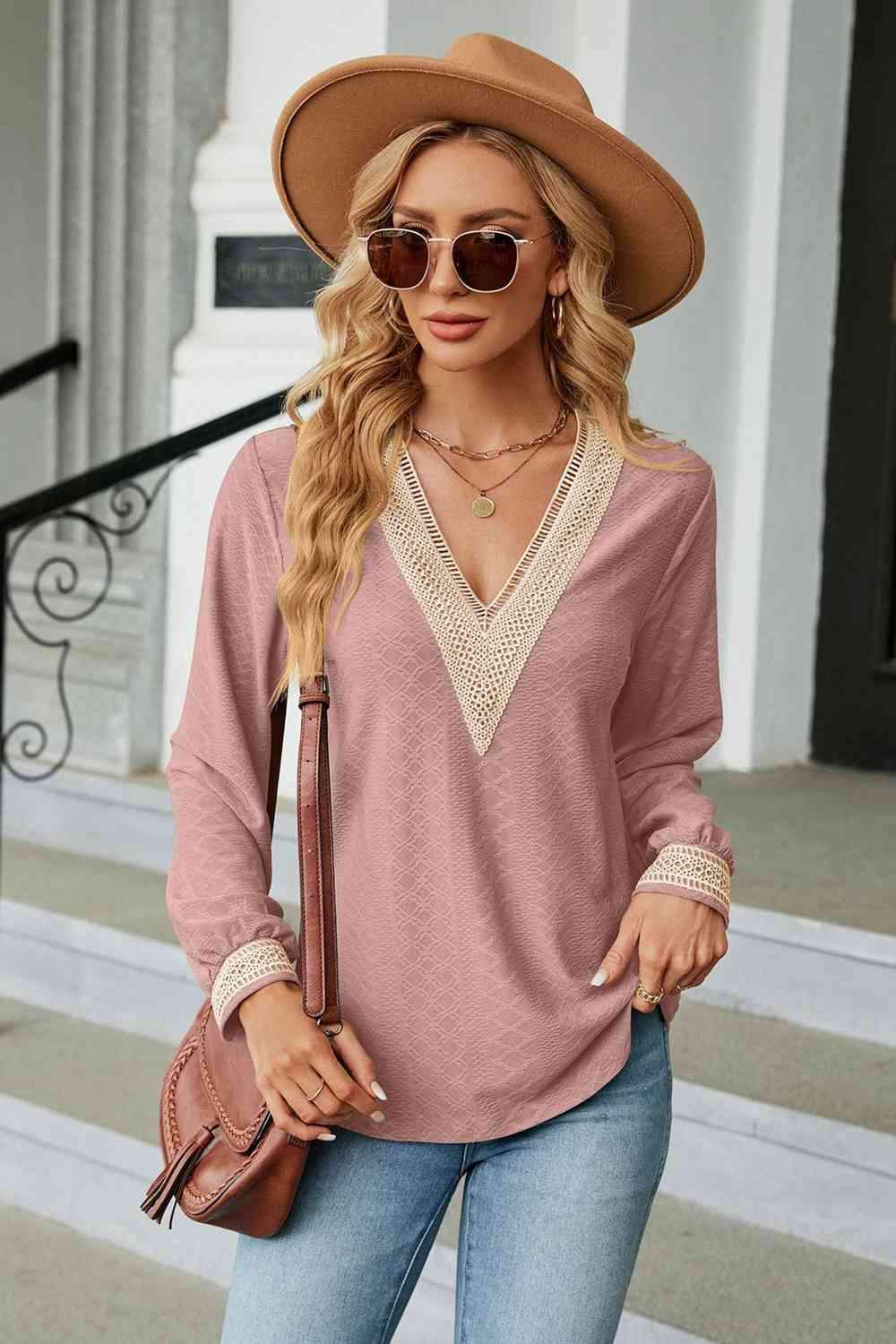 V-Neck Long Sleeve Blouse Dusty Pink Blouses - Tophatter Daily Deals