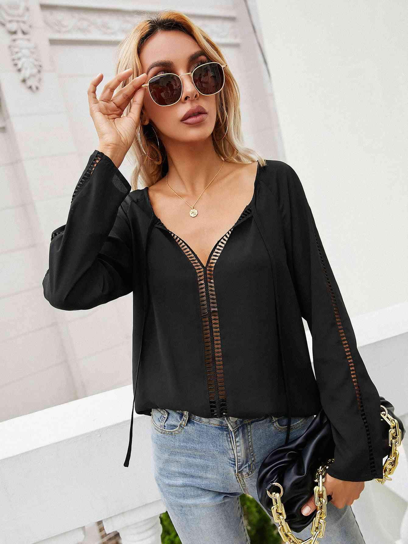 Tie Neck Long Sleeve Semi-Sheer Blouse Black Blouses - Tophatter Daily Deals