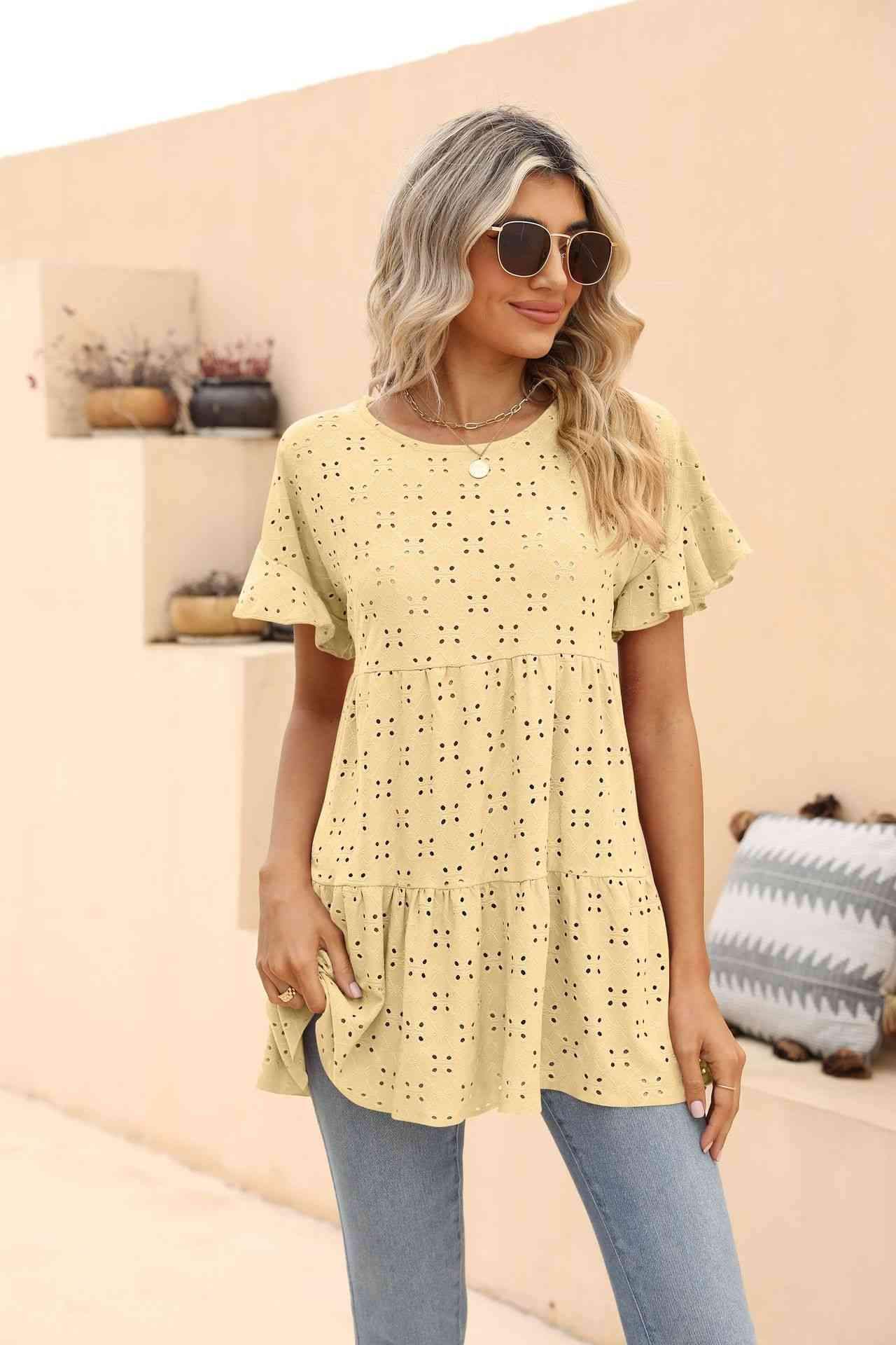 Openwork Round Neck Flounce Sleeve Blouse Butter Yellow Blouses - Tophatter Daily Deals