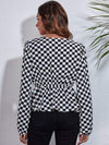 Checkered V-Neck Balloon Sleeve Peplum Blouse Blouses - Tophatter Daily Deals