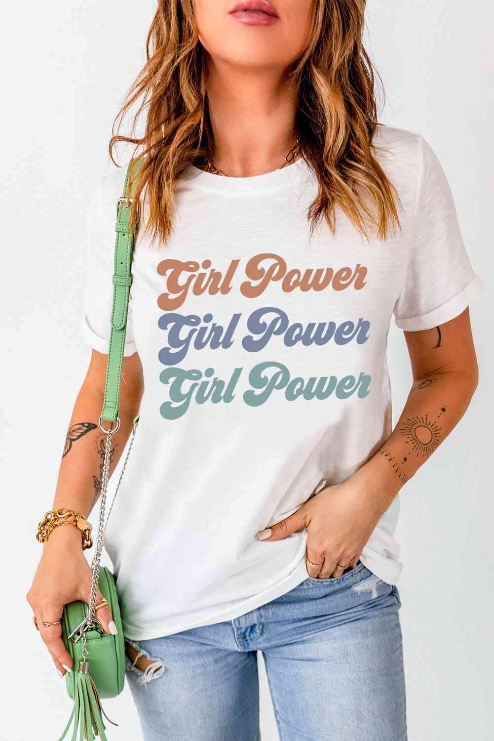 GIRL POWER Graphic Round Neck Tee Women's T-Shirts - Tophatter Daily Deals