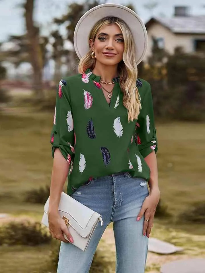 Printed Roll-Tab Sleeve Notched Neck Blouse Mid Green Blouses - Tophatter Daily Deals