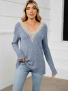 Contrast V-Neck Long Sleeve Blouse Misty Blue Blouses - Tophatter Daily Deals