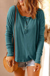 Waffle Knit Henley Long Sleeve Top Teal Blouses - Tophatter Daily Deals