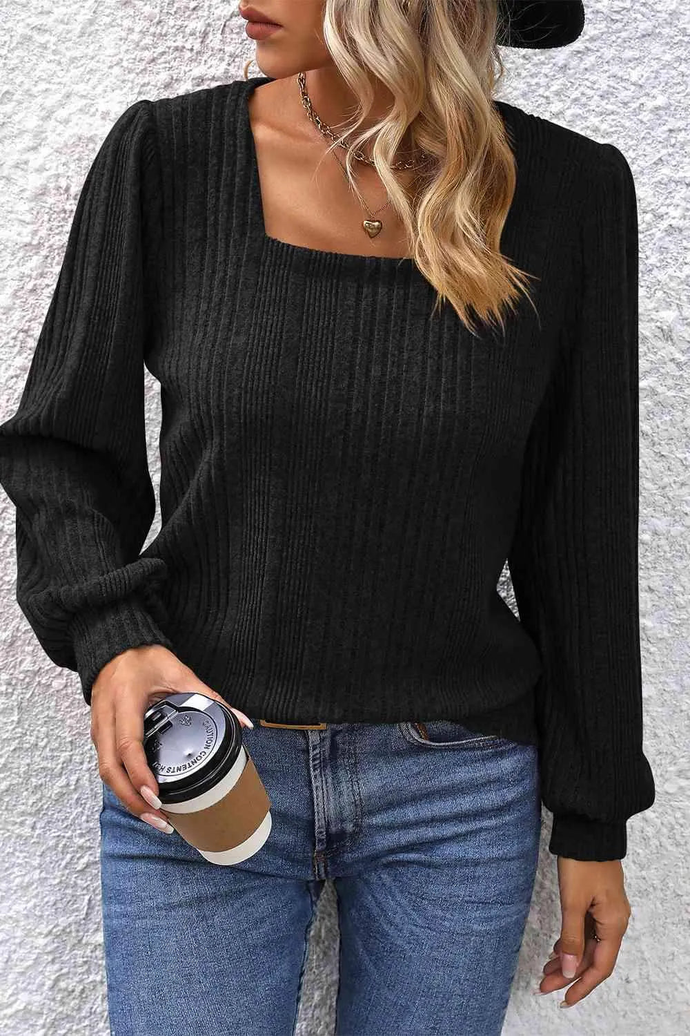 Square Neck Puff Sleeve Blouse Black Blouses - Tophatter Daily Deals