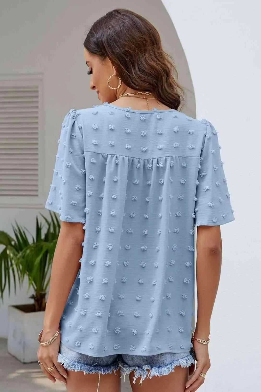 Swiss Dot Puff Sleeve Round Neck Blouse Blouses - Tophatter Daily Deals