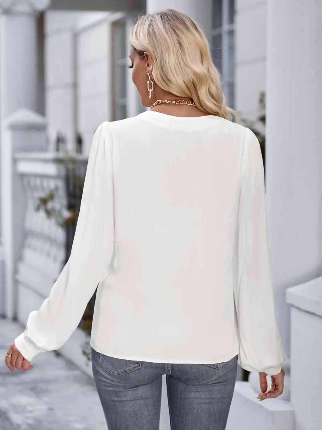 Notched Neck Puff Sleeve Blouse Blouses - Tophatter Daily Deals