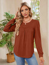 Ruched Round Neck Long Sleeve Blouse Brick Red Blouses - Tophatter Daily Deals