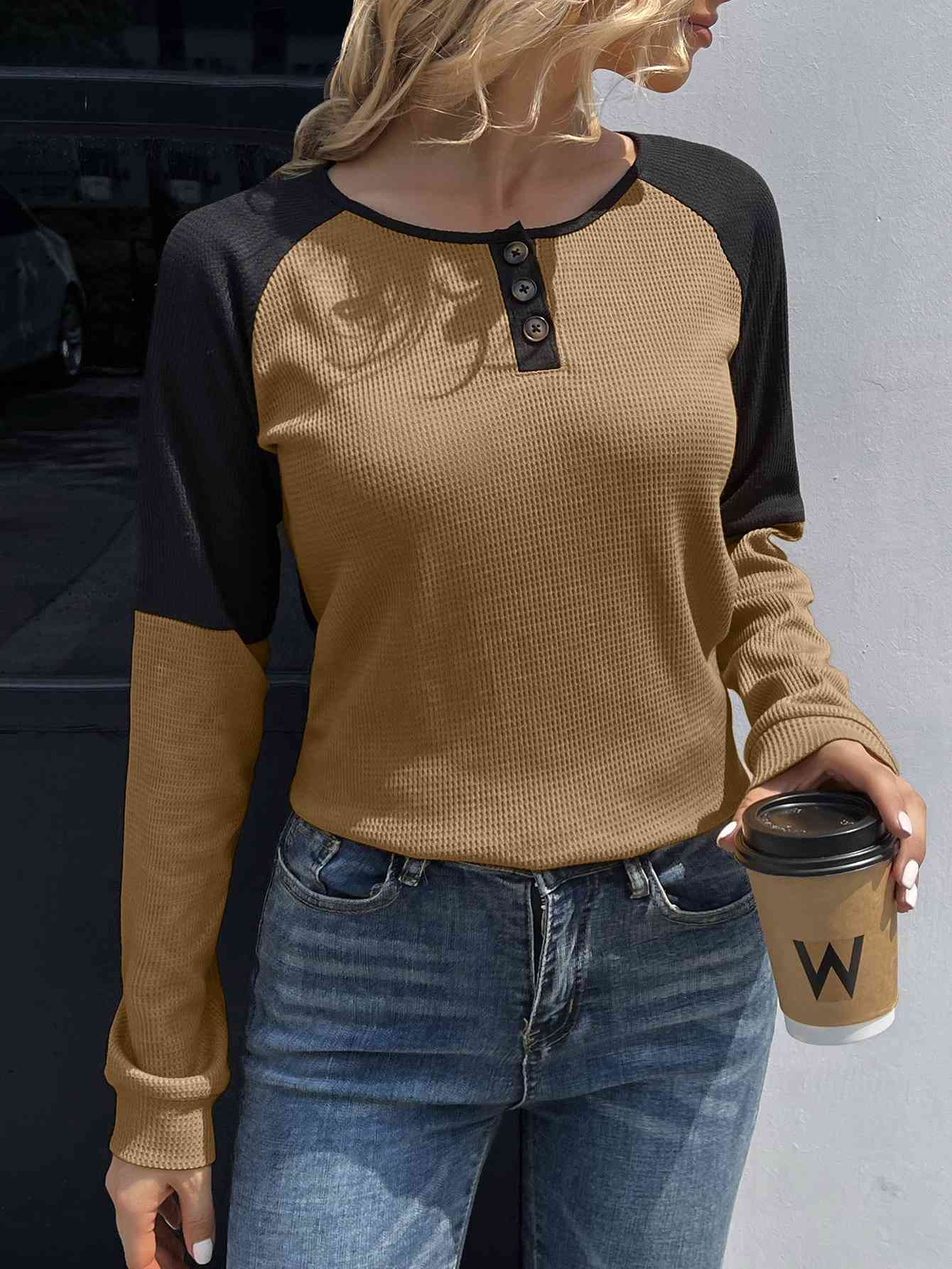 Contrast Buttoned Round Neck Raglan Sleeve Top Women's T-Shirts - Tophatter Daily Deals