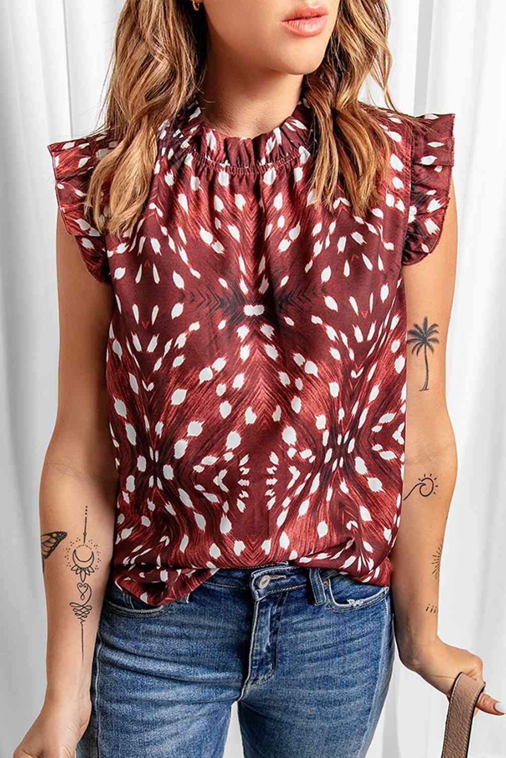 Printed Ruffle Shoulder Blouse Wine Blouses - Tophatter Daily Deals