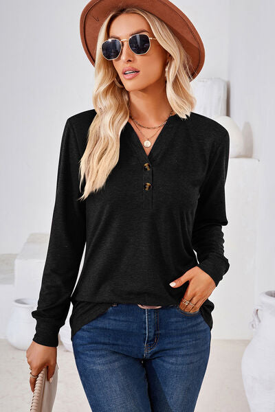 Notched Long Sleeve T-Shirt Women's T-Shirts - Tophatter Daily Deals