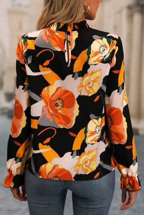Floral Mock Neck Flounce Sleeve Blouse Blouses - Tophatter Daily Deals