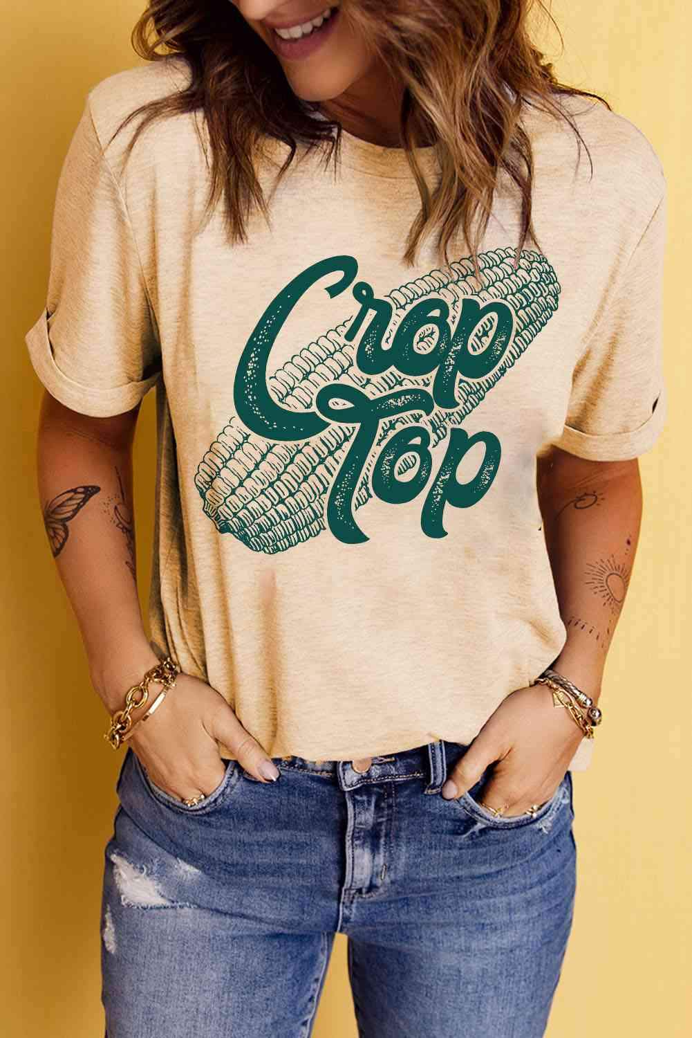 Corn Letter Graphic Cuffed Tee Sand Women's T-Shirts - Tophatter Daily Deals