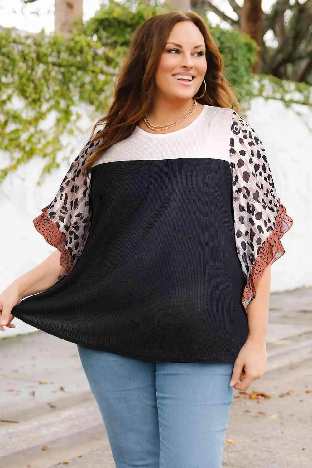 Plus Size Printed Color Block Ruffled Blouse Black Blouses - Tophatter Daily Deals