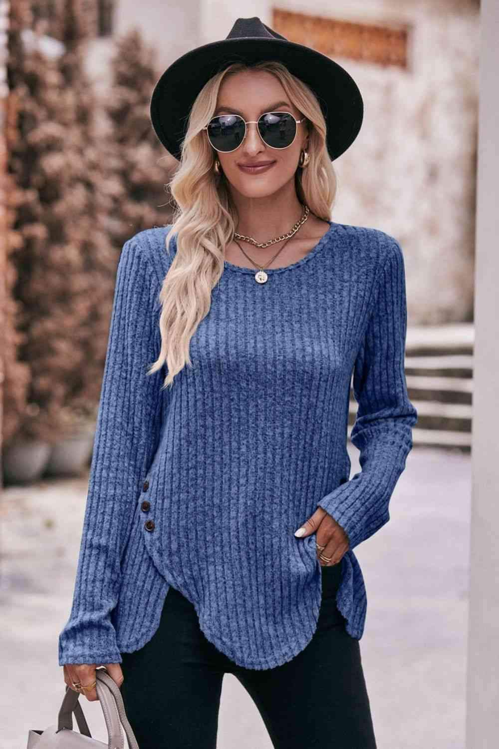 Double Take Buttoned Hem Detail Ribbed Top Dusty Blue Women's T-Shirts - Tophatter Daily Deals