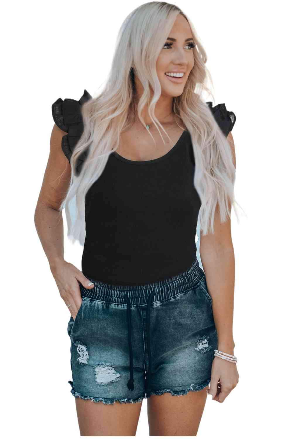 Flutter Sleeve Scoop Neck Top Blouses - Tophatter Daily Deals