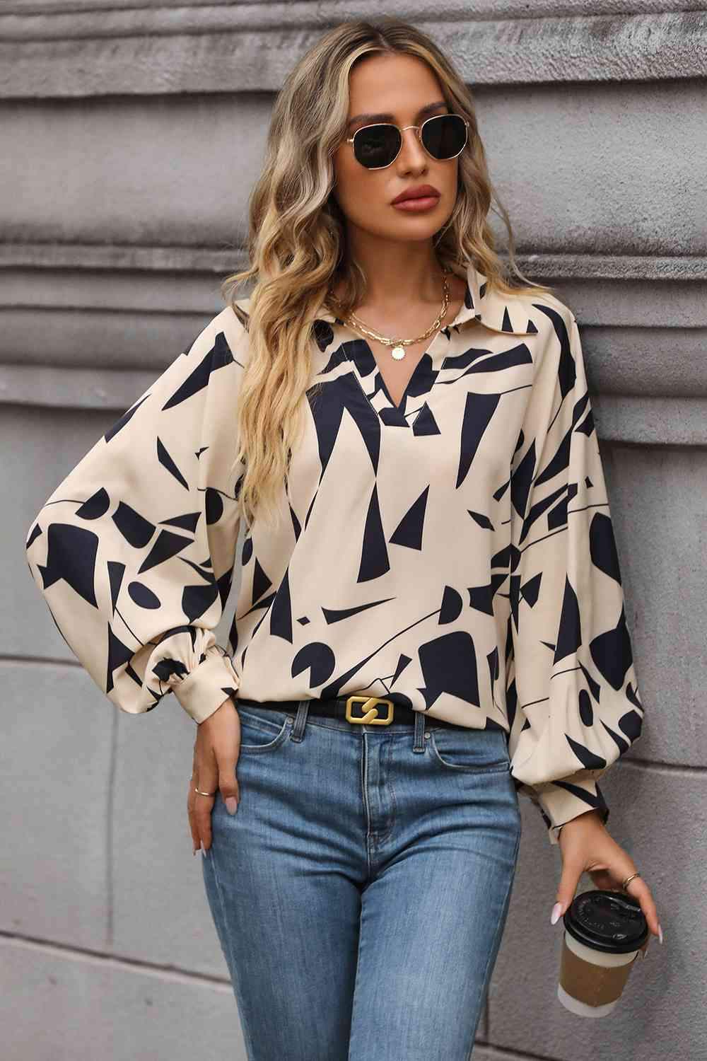 Printed Johnny Collar Blouse Cream Blouses - Tophatter Daily Deals