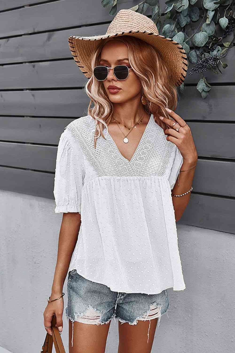 Swiss Dot V-Neck Flounce Sleeve Blouse - Tophatter Deals