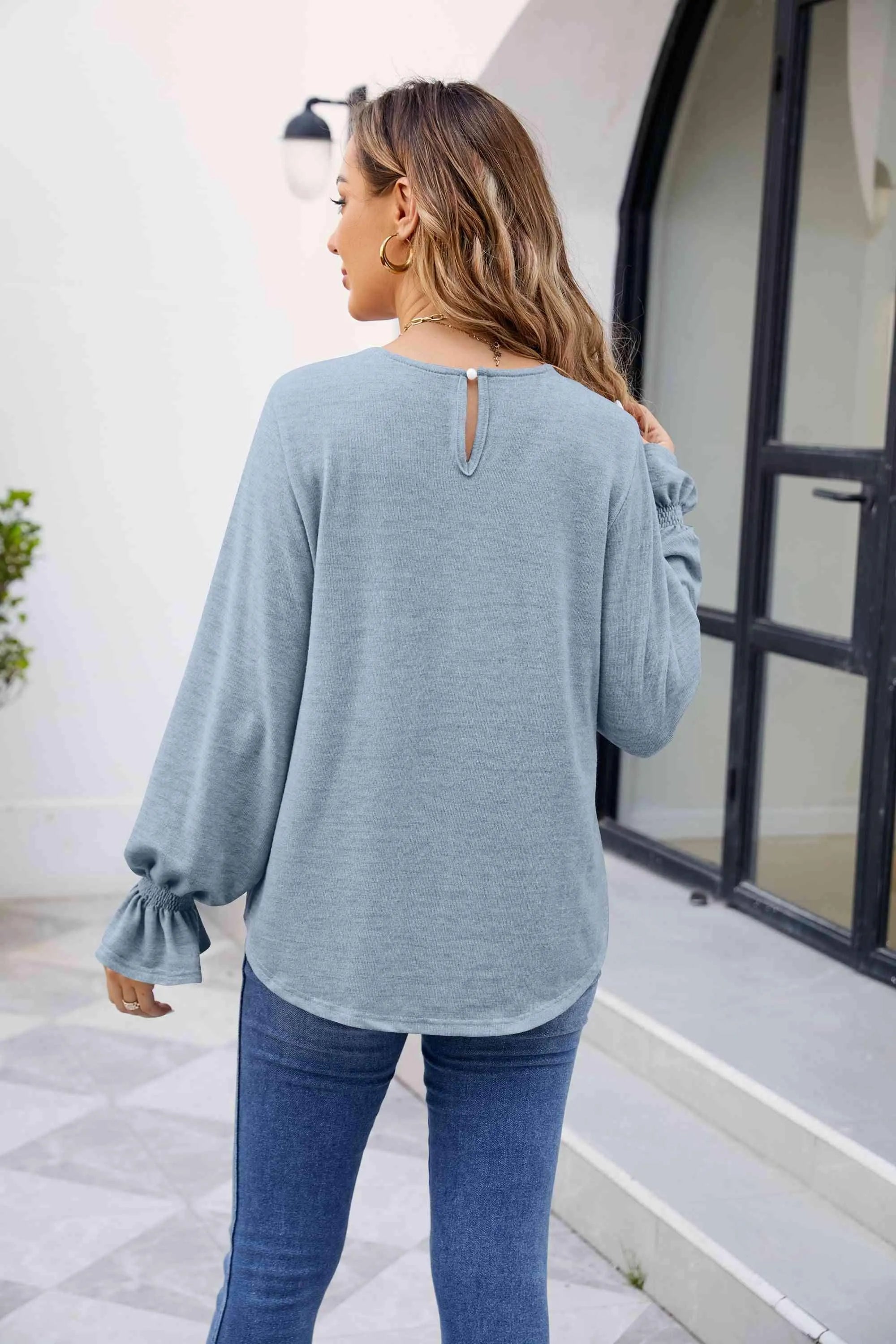 Round Neck Flounce Sleeve Blouse Blouses - Tophatter Daily Deals