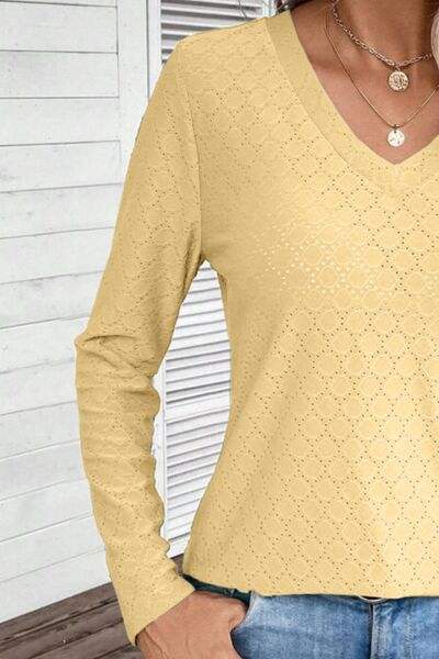 Eyelet V-Neck Long Sleeve T-Shirt Women's T-Shirts - Tophatter Daily Deals