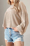 Round Neck Drop Shoulder Long Sleeve Top Beige Blouses - Tophatter Daily Deals