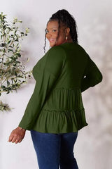 Double Take Half Button Long Sleeve Ruffle Hem Blouse Blouses - Tophatter Daily Deals