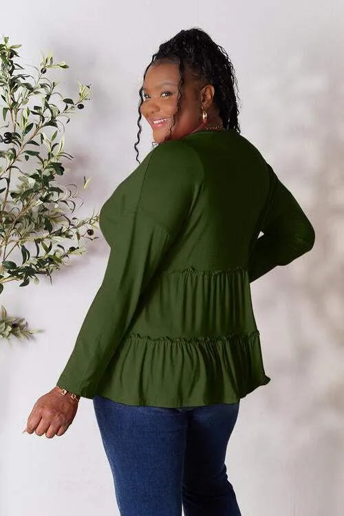 Double Take Half Button Long Sleeve Ruffle Hem Blouse Blouses - Tophatter Daily Deals