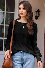 Round Neck Smocked Long Sleeve Blouse Blouses - Tophatter Daily Deals